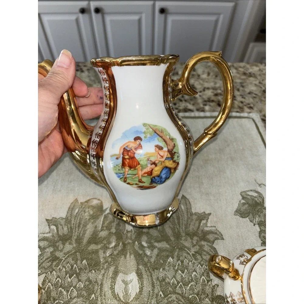 Gold Plate Bavarian Germany Courting Couple Tea Set‎ Service For Seven 3657